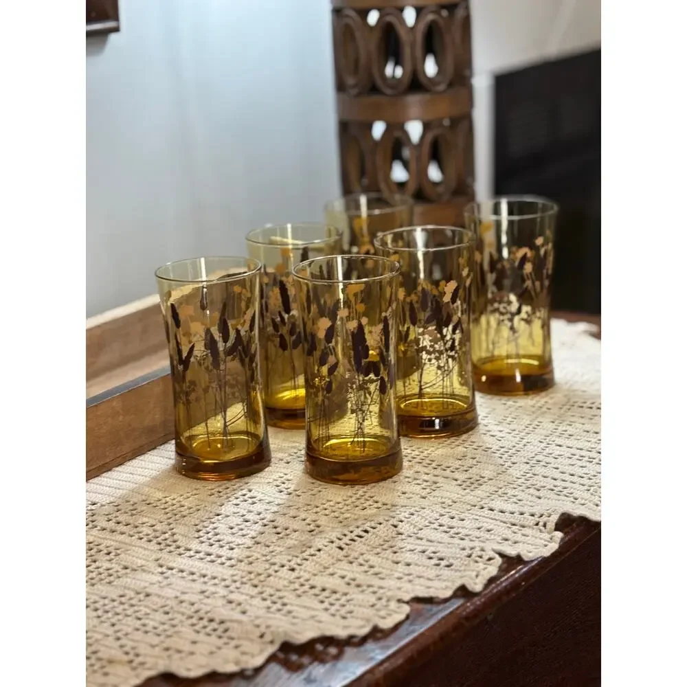 Mid century modern barware Federal Glass interlude highball‎ glasses amber tint